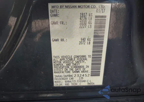 2017 Nissan Altima 2.5 Sl из США, поврежденный, VIN 1N4AL3AP8HC232452